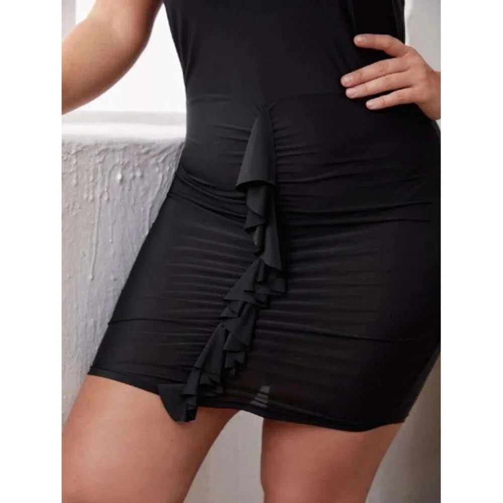 16 Plus (2X) Black Ruffle Detail - High Stretch Babydoll Slip